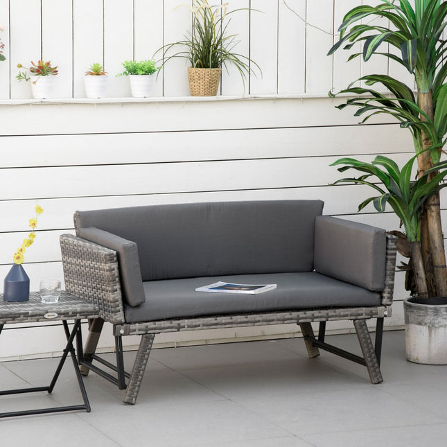 Canapea de Gradina Polyrattan Canapea Lounge 2 locuri Gri, Cotiere Rabatabile, Otel, 129X63X67Cm, Pentru Gradina & Terasa