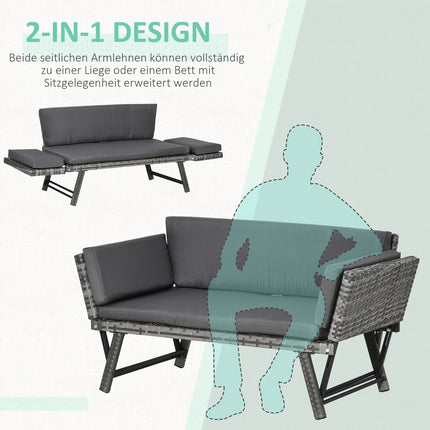 Canapea de Gradina Polyrattan Canapea Lounge 2 locuri Gri, Cotiere Rabatabile, Otel, 129X63X67Cm, Pentru Gradina & Terasa
