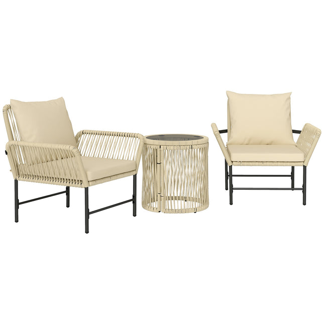 Set de mobilier de gradina din polyrattan, mobilier de balcon pentru 2 persoane, grup de scaune din 3 piese cu 2 scaune, perna de scaun masuta laterala, lounge de gradina rezistent la intemperii pentru gradina, balcon, kaki + bej |