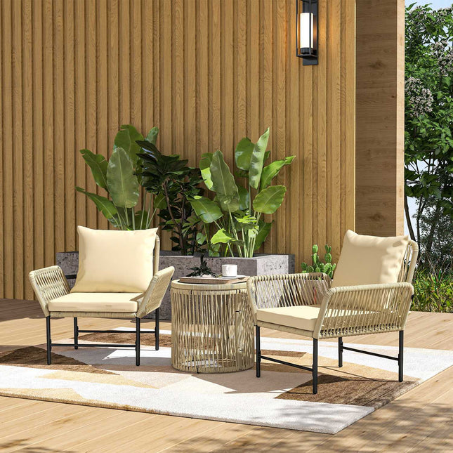 Set de mobilier de gradina din polyrattan, mobilier de balcon pentru 2 persoane, grup de scaune din 3 piese cu 2 scaune, perna de scaun masuta laterala, lounge de gradina rezistent la intemperii pentru gradina, balcon, kaki + bej |