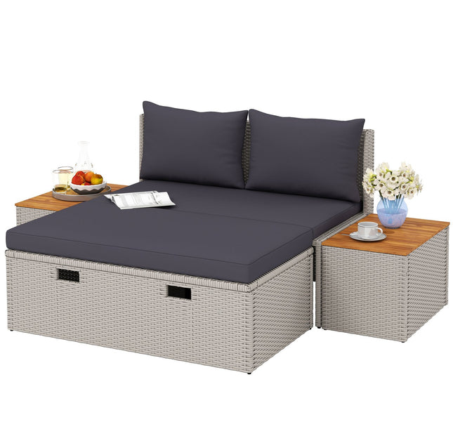 Sezlong Polyrattan pentru 2 persoane, sezlong dublu cu taburet, spatiu de depozitare, gaura pentru umbrela, sezlong de gradina rezistent la intemperii, 320 kg, mobilier de gradina portant, sezlong, sezlong de relaxare pentru gradina, 125 x 114 x 72,5 cm,
