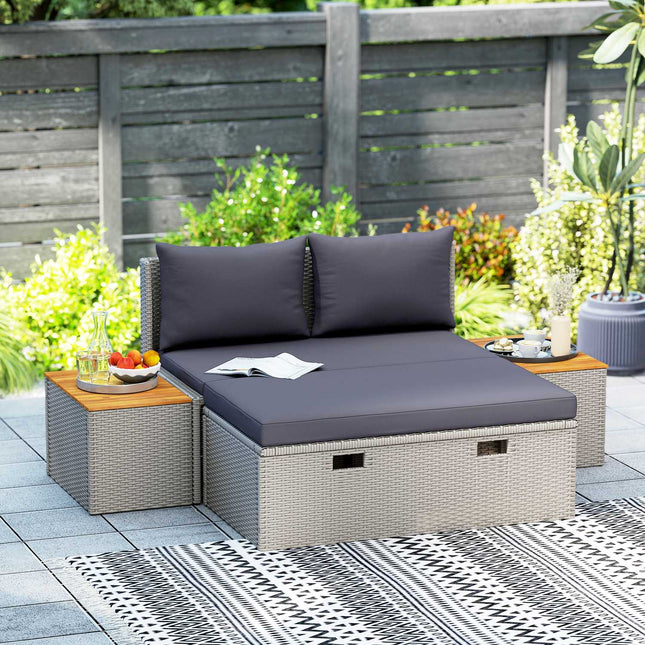 Sezlong Polyrattan pentru 2 persoane, sezlong dublu cu taburet, spatiu de depozitare, gaura pentru umbrela, sezlong de gradina rezistent la intemperii, 320 kg, mobilier de gradina portant, sezlong, sezlong de relaxare pentru gradina, 125 x 114 x 72,5 cm,