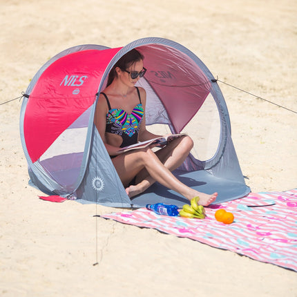 Cort de plajă Pop Up, roșu-gri, protecție UV