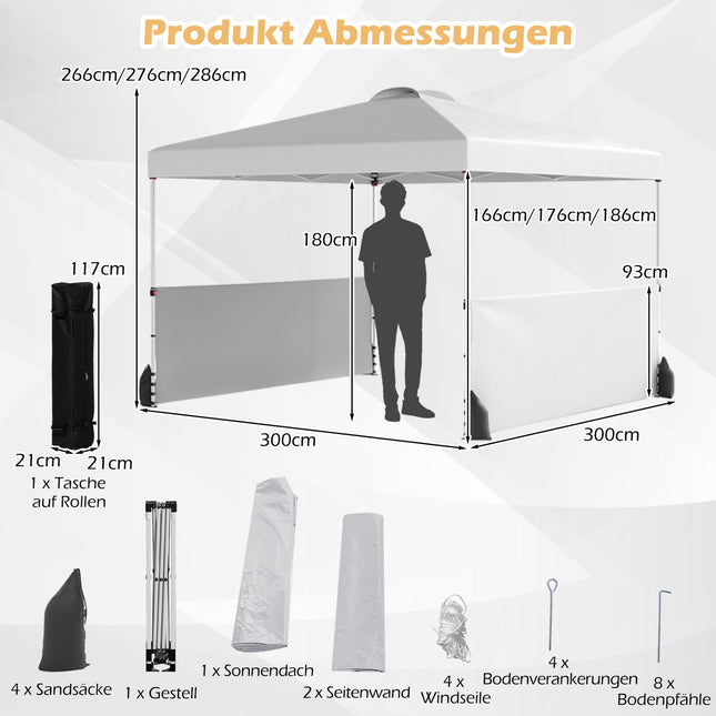 Pavilion Pop-Up 3x3m cu laterale, geanta, corzi de vant, alb