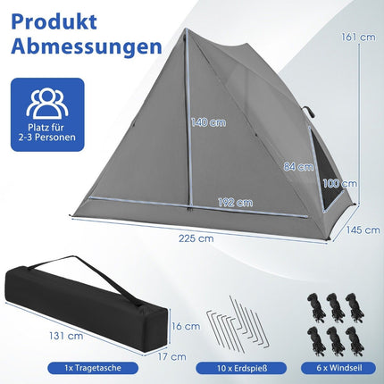 Pop up tent for 2-3 people 360° one-sided transparent family tent 225 x 145 x 161 cm gray