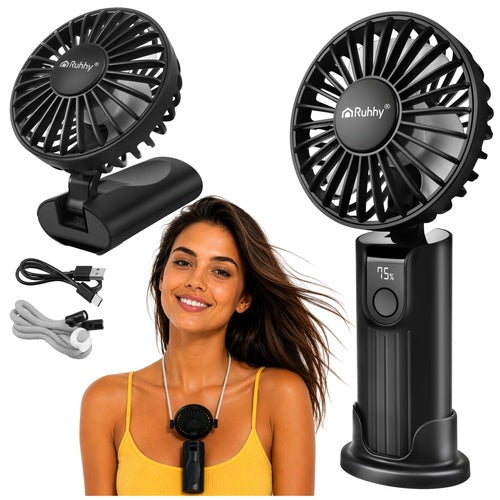 Ventilator portabil negru, USB-C, baterie de 2400 mAh