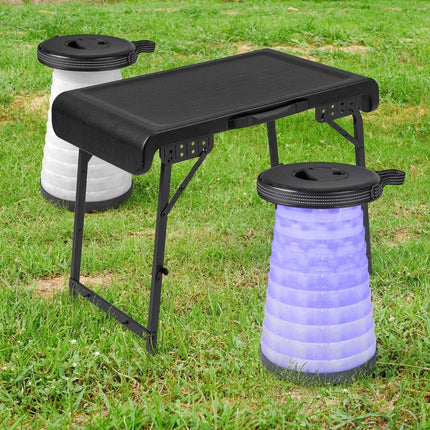 Masă de camping portabilă cu 2 scaune LED, înălțime reglabilă