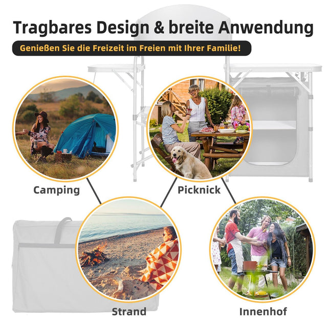 Bucătărie portabilă pliabilă de camping cu parbriz și depozitare