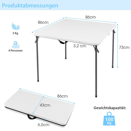 Masă de camping pliabilă portabilă cu mâner, albă, HDPE