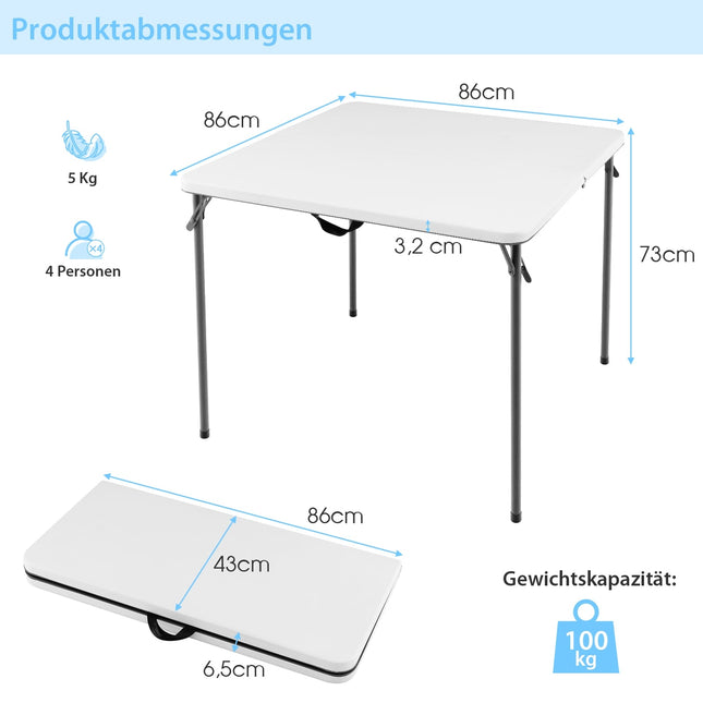 Masă de camping pliabilă portabilă cu mâner, albă, HDPE