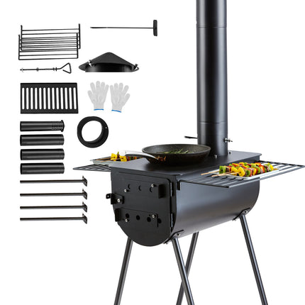 Portable Wood Burning Tent Stove, 3 m Chimney, 8 Pipes