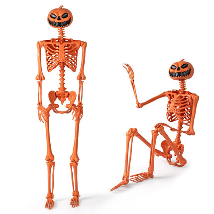 Schelet de Halloween articulat de 1,6 m cu cap de dovleac