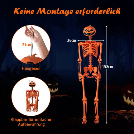 Schelet de Halloween articulat de 1,6 m cu cap de dovleac