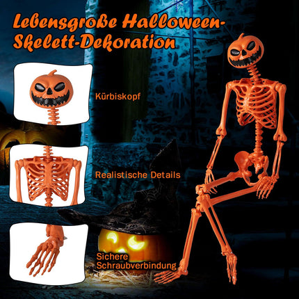 Schelet de Halloween articulat de 1,6 m cu cap de dovleac