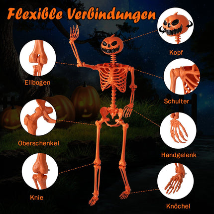 Schelet de Halloween articulat de 1,6 m cu cap de dovleac