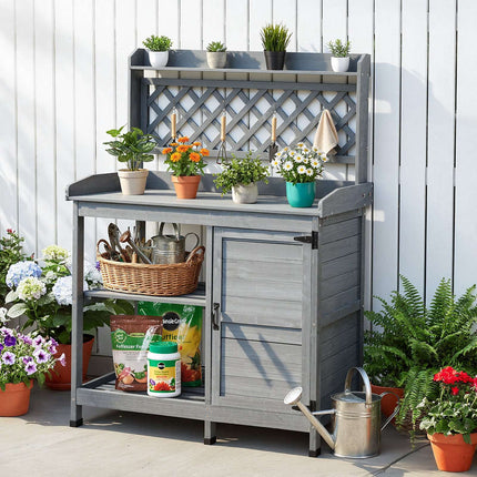 Potting Bench Table, Fir Wood, Cabinet Shelves, Gray