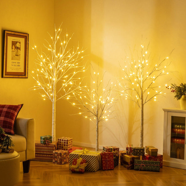 Set de mesteacăn pre-iluminat, pachet de 3, 120–180 cm, LED-uri calde