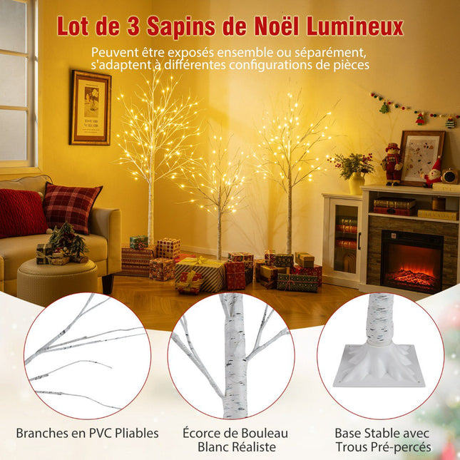 Set de mesteacăn pre-iluminat, pachet de 3, 120–180 cm, LED-uri calde