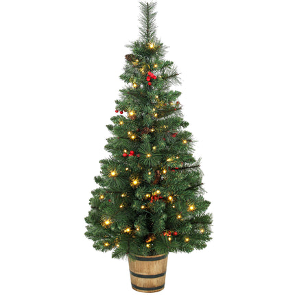 Pre-Lit Christmas Tree 120 cm with Pine Cones and Berries, 100 LEDs, Barrel Pot