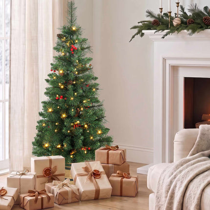 Pre-Lit Christmas Tree 120 cm with Pine Cones and Berries, 100 LEDs, Barrel Pot
