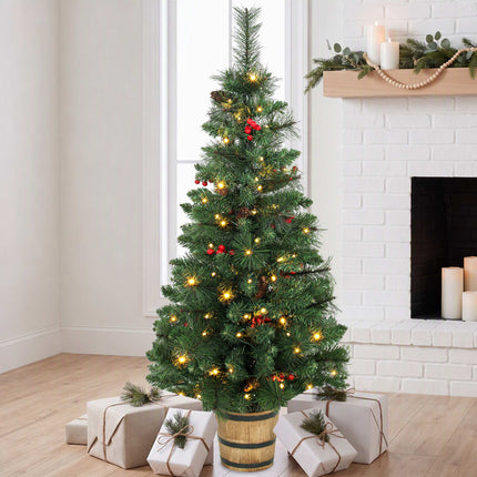 Pre-Lit Christmas Tree 120 cm with Pine Cones and Berries, 100 LEDs, Barrel Pot