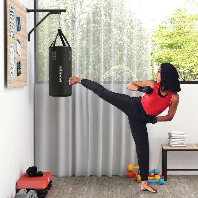 Suport pentru saci de box, fixat pe perete, cu mănuși, curele de mână și cârlig rotativ la 360°, suport reglabil pentru sac de box, sac de nisip, oțel, negru