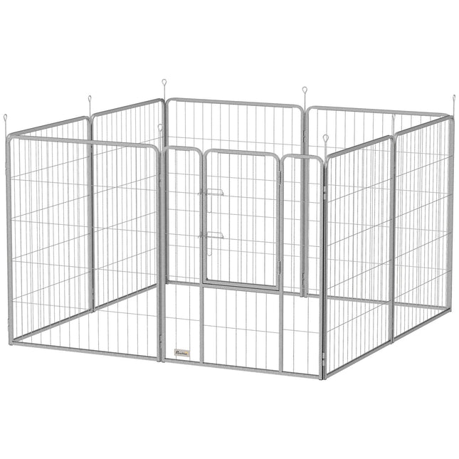 Târc pentru căței înălțime de 100 cm, 8 piese, tarc pentru căței cu centură și ușă, adăpost de exterior pentru câini de talie mică până la mijlocie, cobai, iepuri, oțel, argintiu