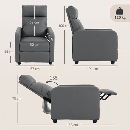 Push-Back Recliner Chair with Footrest and 155° Recline, Grey, PU Leather
