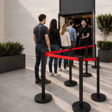 Queue Barrier Posts Set of 4 with 3 m Retractable Belt, Black, Red