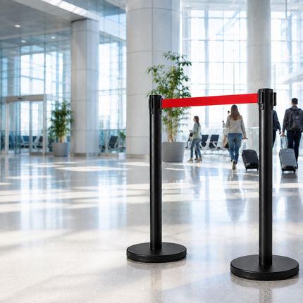 Queue Barrier Posts Set of 4 with 3 m Retractable Belt, Black, Red