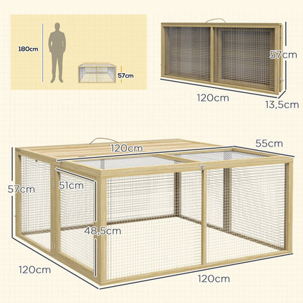Wooden rabbit cage with open roof, 120x120x57 cm