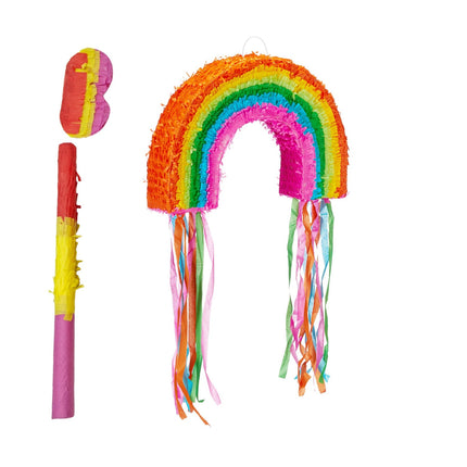 Set de piñata curcubeu cu bâtă și mască pentru petreceri