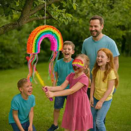 Set de piñata curcubeu cu bâtă și mască pentru petreceri
