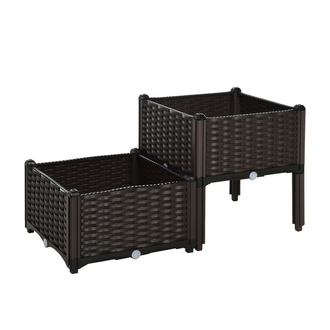 Jardinera Dubla Pat Inaltat In Aspect Rattan Cu Orificii De Drenaj, Pp, Maro, 80X40X44Cm