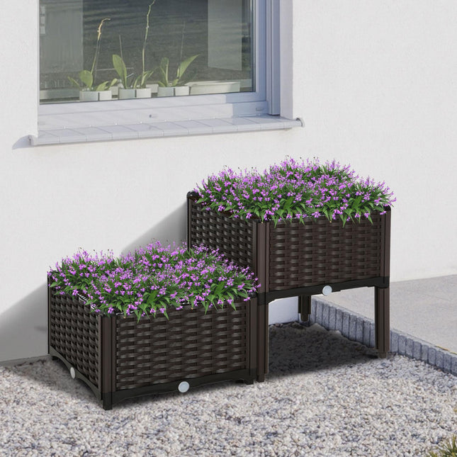 Jardinera Dubla Pat Inaltat In Aspect Rattan Cu Orificii De Drenaj, Pp, Maro, 80X40X44Cm