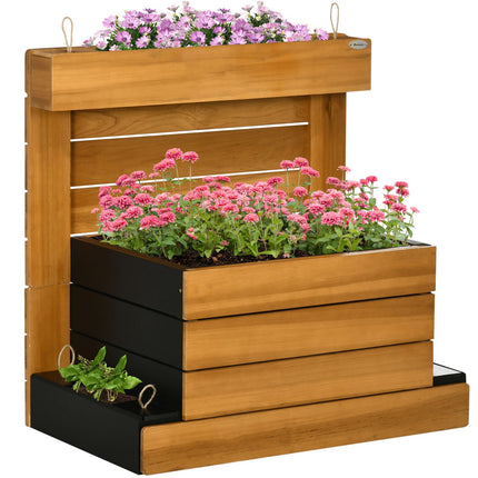 Pat înălțat cu 4 cutii de plante, cutie de flori cu sistem de auto-udare, căptușeală din lână pentru grădină, lemn, maro, 79,5 X 49,5 X 80 Cm