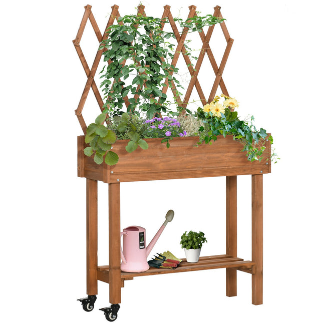 Pat înălțat cu spalier, cutie de flori pe roți și raft, lemn masiv, pentru terasă, maro, 79X29X130Cm