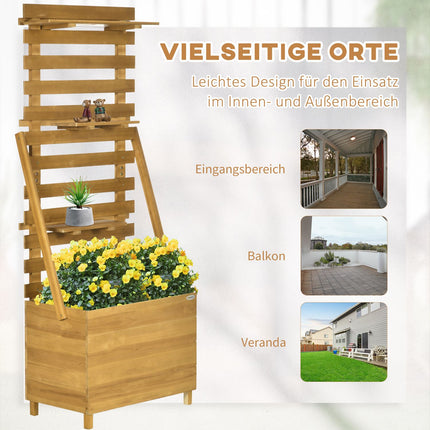 Raised wooden plant bed with trellis and 3 shelves, brown