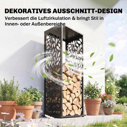 Raised Firewood Rack 38 x 38 x 112 cm with 4 Hooks, Galvanised Steel, Black