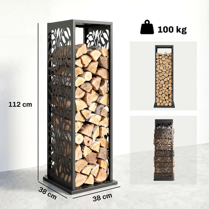 Raised Firewood Rack 38 x 38 x 112 cm with 4 Hooks, Galvanised Steel, Black