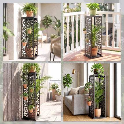 Raised Firewood Rack 38 x 38 x 112 cm with 4 Hooks, Galvanised Steel, Black