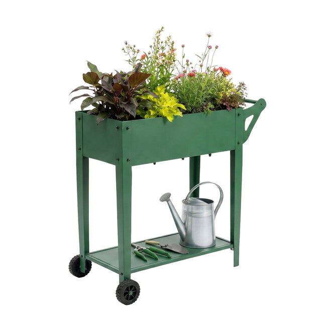 Jardinieră de grădină înălțată cu roți și raft de depozitare