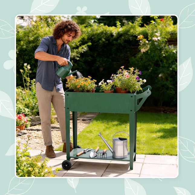 Jardinieră de grădină înălțată cu roți și raft de depozitare