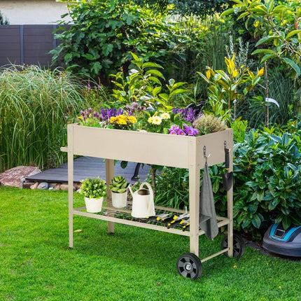 Jardinieră metalică înălțată cu roți și spațiu de depozitare, albă