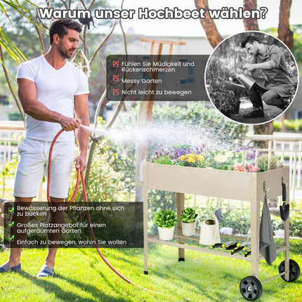 Jardinieră metalică înălțată cu roți și spațiu de depozitare, albă