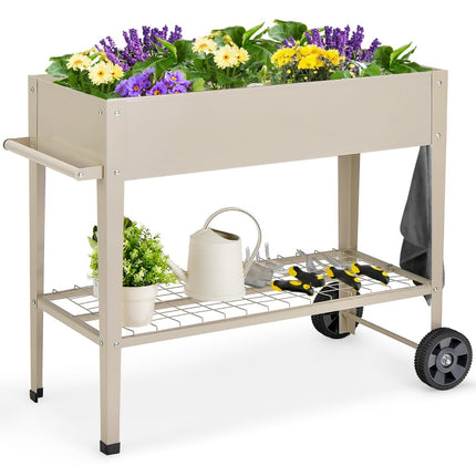 Jardinieră metalică înălțată cu roți și spațiu de depozitare, albă