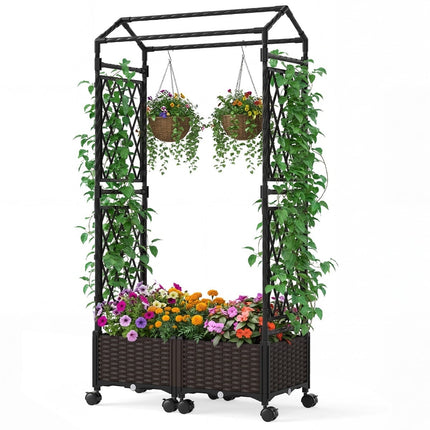 Jardinieră ridicată cu spalier, cu auto-udare, mobilă, maro