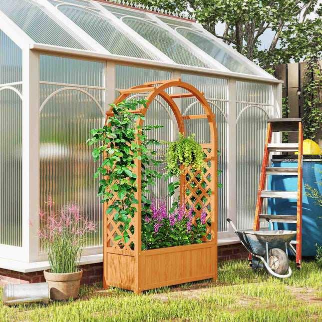 Jardiniera pat inaltat cu spalier, jardiniera cu spalier curbat acoperis din lemn, spalier de gradina 83x36x145cm pentru terasa balcon gradina, ghiveci pentru plante cataratoare, plante cosuri, flori