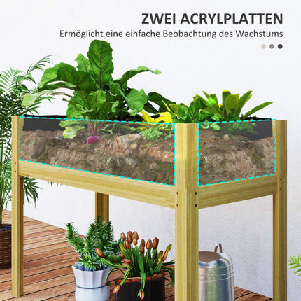 Pat înălțat cu panouri acrilice, pat înălțat de plante cu orificii de drenaj, cutie de plante din lemn, pat de legume rezistent la intemperii, pat de grădină, pat de plante pentru grădină, balcon, lemn natural 110 x 50 x 80 cm