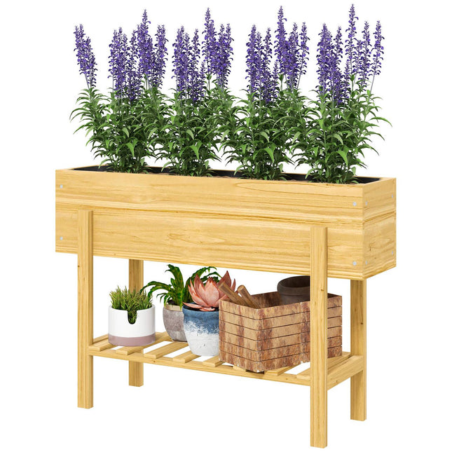 Pat înălțat cu raft, pat de plante înălțat cu orificii de scurgere, cutie de plante din lemn, pat de legume rezistent la intemperii, pat de grădină, pat de plante pentru grădină, balcon, 100 x 30 x 70,5 cm lemn natural Aosom